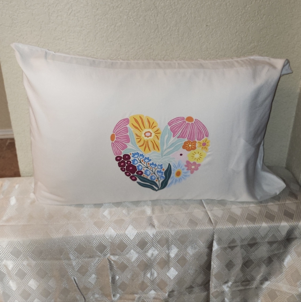 Hand Crafted Queen Floral Heart Pillowcase - Multicolor